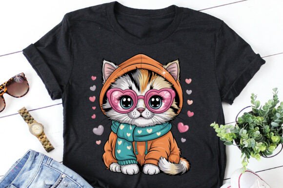 Whimsical Cat Clipart for Valentine's T-Shirt Designs